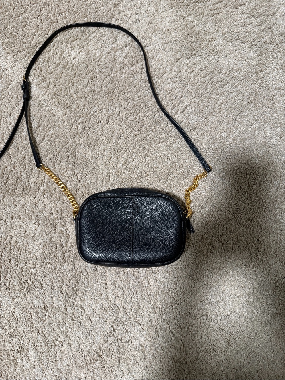 Tory Burch Black Leather Crossbody Camera Bag with Gold Chain Strap